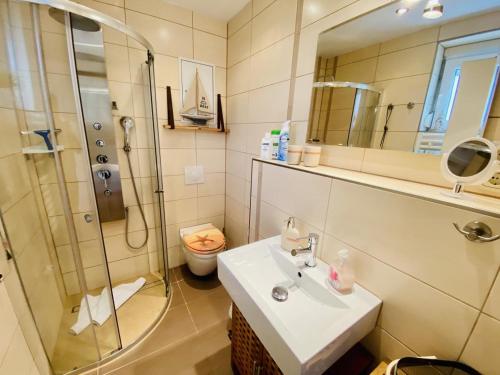 La salle de bains est pourvue d'un lavabo, d'une douche et de toilettes. dans l'établissement Ferienhaus Strandkoje, à Warnemünde