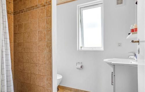 Bøtø By的住宿－丹麥布洛姆斯坦度假屋，一间带卫生间、水槽和窗户的浴室