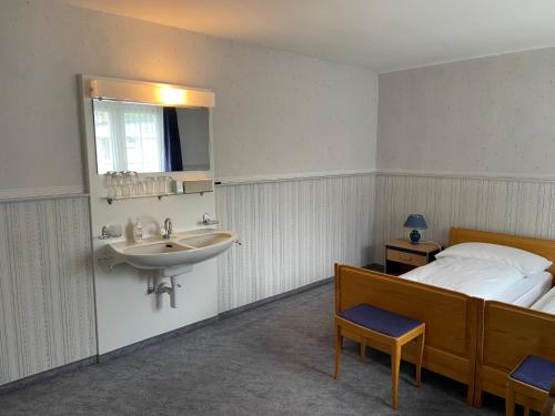 ein Schlafzimmer mit einem Waschbecken, einem Bett und einem Spiegel in der Unterkunft Hotel National in Wattwil