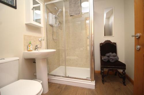 a bathroom with a shower and a toilet and a sink at Boardman's Lodge in Peterborough