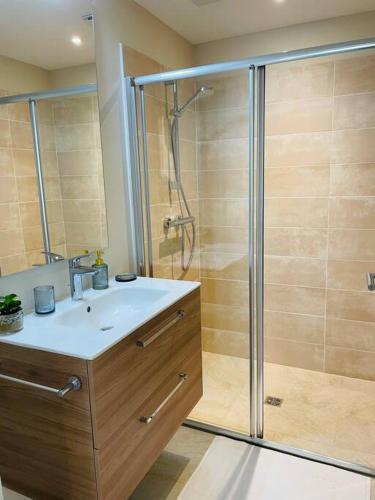 La salle de bains est pourvue d'une douche et d'un lavabo blanc. dans l'établissement La régate avec jaccuzi à 50 m du centre historique, à Sarlat-la-Canéda