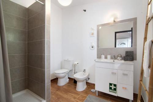 un bagno con un water, un lavandino e uno specchio di Quinta do Mestre - Casa Do Mar a Tavira