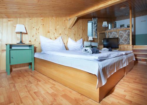 a bedroom with a large bed with a television at Penzion Sport in Vysoke Tatry - Stary Smokovec