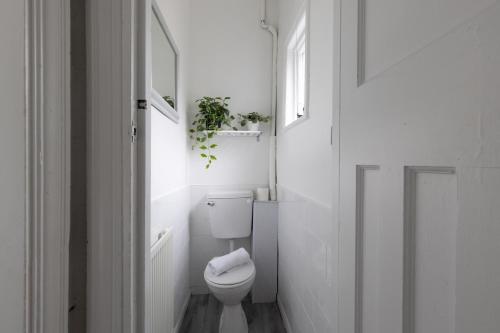 a white bathroom with a toilet and a window at Properties Unique Cleveland House in Stockton-on-Tees