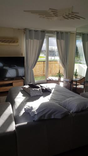 a large bed in a bedroom with a large window at Green Field Lodge in Lingolsheim