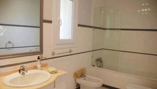 een badkamer met een wastafel, een douche en een toilet bij Casa Bellavista. in Málaga