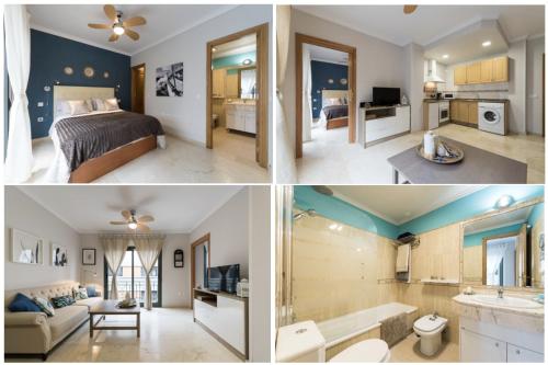 a collage of three pictures of a bedroom and a bathroom at UPSCALE***LAS CANTERAS BEACH***BALCONY in Las Palmas de Gran Canaria