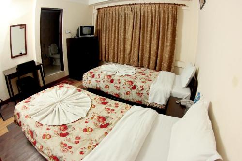 a hotel room with two beds and a window at Bag Packer's Lodge in Kathmandu