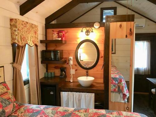 ein Bad mit einem Waschbecken und einem Spiegel im Zimmer in der Unterkunft Tiny Home Cottage Near the Smokies #6 Greta in Sevierville
