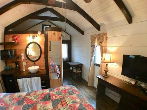 Schlafzimmer mit einem Bett, einem Waschbecken und einem Spiegel in der Unterkunft Tiny Home Cottage Near the Smokies #6 Greta in Sevierville