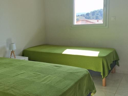 バニュルス・シュル・メールにあるAppartement Banyuls-sur-Mer, 3 pièces, 6 personnes - FR-1-309-130の窓付きの客室で、緑色のベッド2台が備わります。