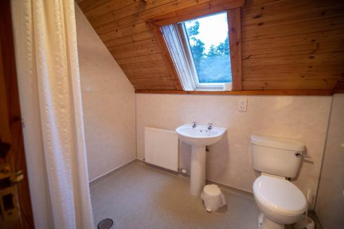 a bathroom with a toilet and a sink with a window at Badaguish forest lodges and camping pods in Aviemore