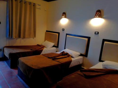 達哈布的住宿－Black Prince Hotel，一间设有三张床的客房,墙上有灯