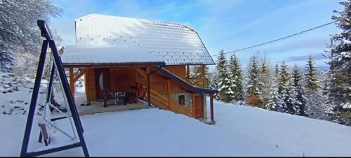 Cabaña de madera con techo cubierto de nieve en Brvnara Tarska Zora en Sekulić 