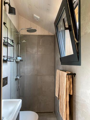 a bathroom with a shower and a sink and a mirror at Bjarmaland Cottages - Laugarás in Selfoss