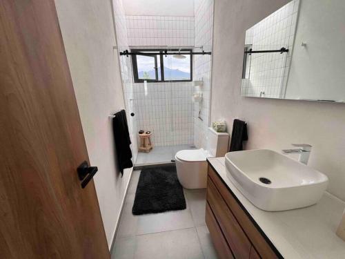 een badkamer met een wastafel, een toilet en een spiegel bij Increíble Rancho en Huamantla in Huamantla