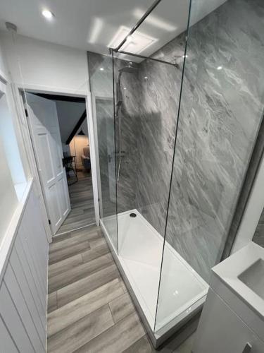 a bathroom with a walk in shower with a glass door at Cozy One Bedroom Flat In Bedford - Free Parking & Free WIFI in Bedford
