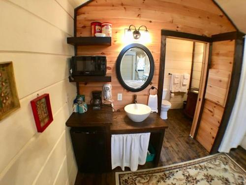 y baño con lavabo y espejo. en Tiny Home Cottage Near the Smokies #8 Helga en Sevierville