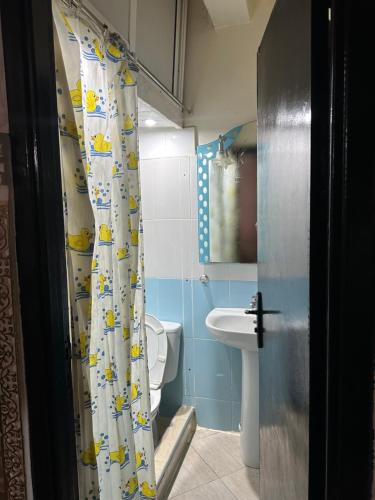 baño con cortina de ducha con patos. en appartement familiale, en Meknès