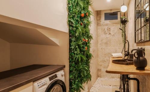 a bathroom with a green wall next to a washing machine at L'improbable raffiné, élégant et chaleureux in Les Hauts-Saint-Jean