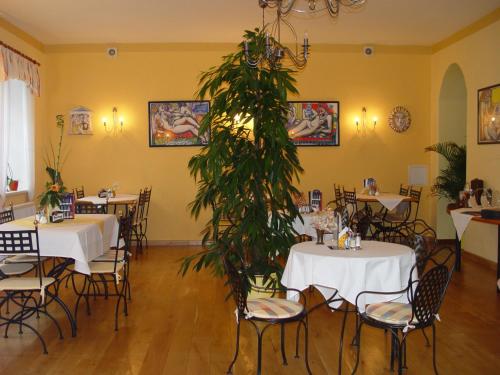 een restaurant met tafels en stoelen en een grote plant bij Hotel Galerie in Třeboň