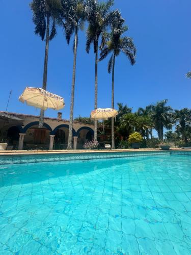 a swimming pool with two umbrellas and palm trees at Villa Aratoca suíte presidencial in Garça