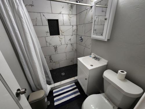 y baño pequeño con aseo y ducha. en Modern Comforts/7minTo Downtown en Oklahoma City