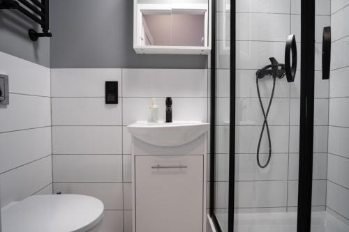 a bathroom with a shower and a toilet and a sink at Prywatny pokój z prywatną łazienką - Senatorska 36 in Łódź