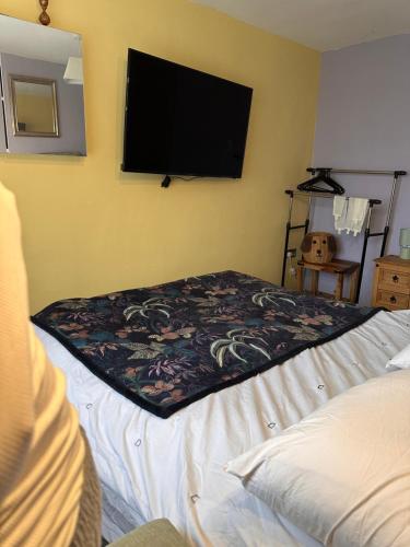 a bedroom with a bed and a flat screen tv at Hidden Gem in Great Parndon