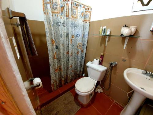 a bathroom with a toilet and a sink at Cabana's on Gatun Lake in Arenosa in Arenosa
