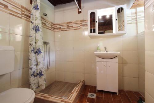 a bathroom with a toilet and a sink and a shower at Lugas Vendégház in Felsőtold