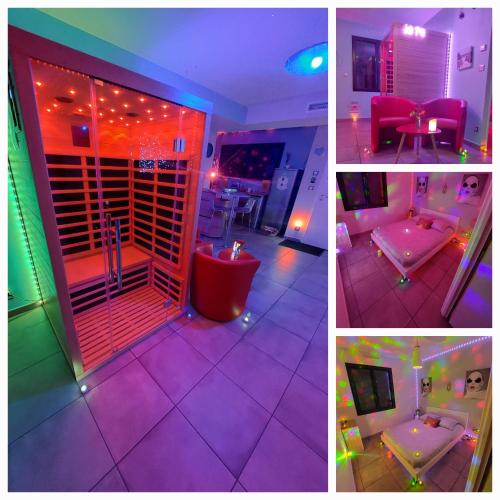 un collage de photos d'un salon avec éclairage violet dans l'établissement Un Séjour Romantique en couple avec Jacuzzi privé Chromothérapie Jardin Maison privée, à Ychoux