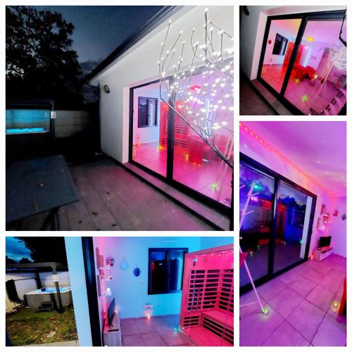 un collage de quatre photos d'une maison éclairée dans l'établissement Un Séjour Romantique en couple avec Jacuzzi privé Chromothérapie Jardin Maison privée, à Ychoux