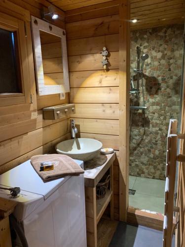a bathroom with a sink and a shower at Chalet Cocoon vue MontBlanc in Saint-Gervais-les-Bains