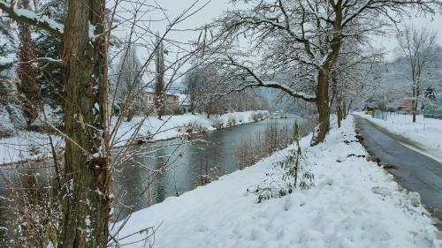a snow covered path next to a river with trees at Tiny Treperka in Semily