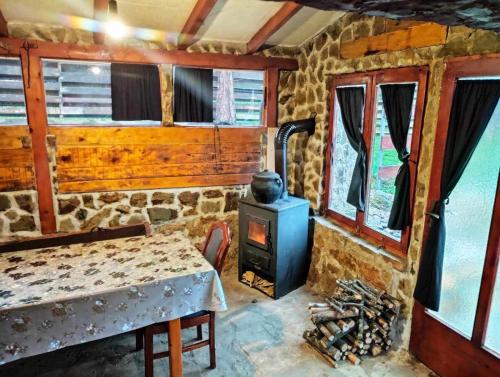 a room with a stove and a table and windows at Smeštaj Popović in Perućac