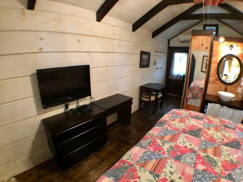 Schlafzimmer mit einem Bett und einem Flachbild-TV in der Unterkunft Tiny Home Cottage Near the Smokies #11 Mina in Sevierville