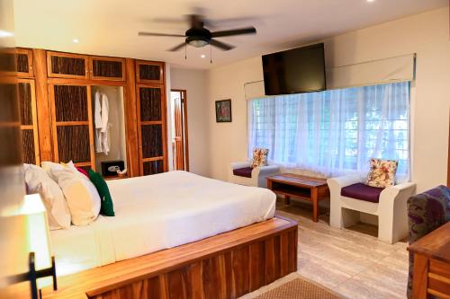 a bedroom with a large bed and a tv at La Semilla Ecolodge in Cerro Azul