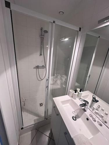 une salle de bain blanche avec un lavabo et une douche dans l'établissement Le Saint Eusèbe, à Auxerre