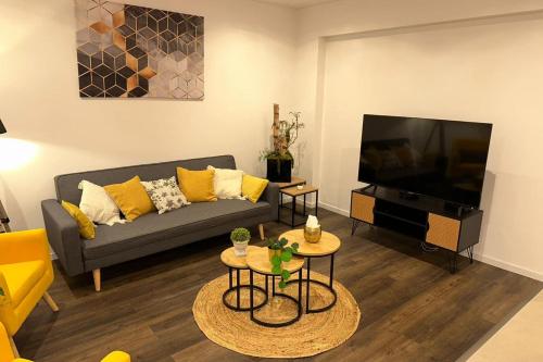 a living room with a couch and a flat screen tv at Le Parilly charmant deux chambres République in Villeurbanne