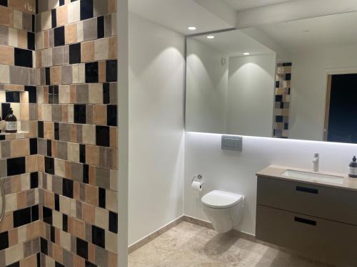 ein Badezimmer mit einem WC, einem Waschbecken und einem Spiegel in der Unterkunft Apartments by Jutlandia in Frederikshavn