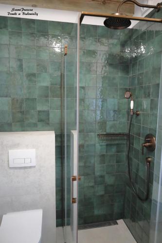 a bathroom with a shower with green tiles at SzumiPuszcza - domki, sauna, balia in Białowieża