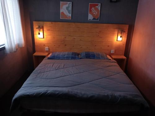 a bed in a bedroom with two lights on the wall at Tierras Mágicas in Villa Pehuenia