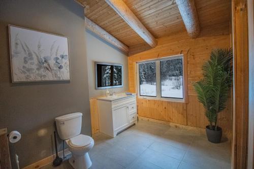 y baño con aseo y lavamanos. en Les Chalets Tourisma - Chalet en bois rond avec spa et lac privé - Le Caribou en Sainte-Catherine