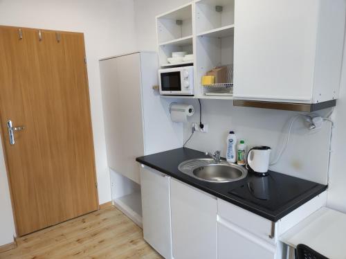a small kitchen with a sink and a microwave at Górski Kryształ in Stronie Śląskie