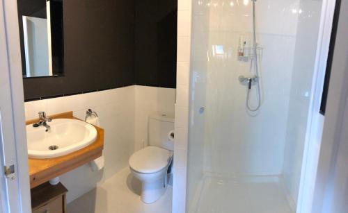 uma casa de banho com um chuveiro, um WC e um lavatório. em Casa de las Flores / Casa de campo LUGO em A Pontenova