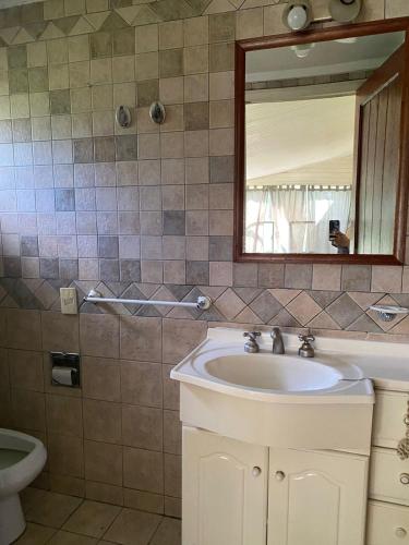 ein Bad mit einem Waschbecken und einem Spiegel in der Unterkunft El bagual hostería in Suipacha