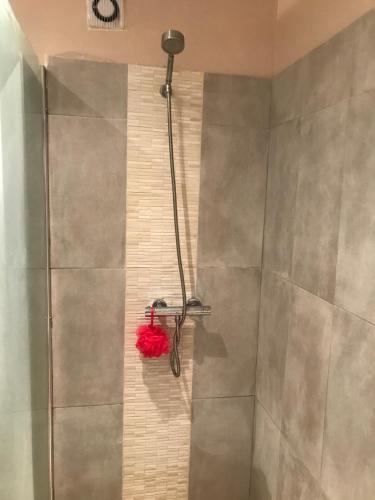 La salle de bains est pourvue d'une douche avec un chiffon rouge sur le mur. dans l'établissement Maison 3 chambres gde terrasse proche vieux port et sncf, à Marseille