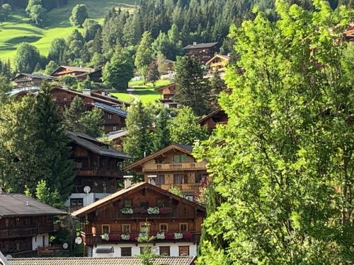 a mountain village with wooden houses and trees at Ferienwohnung Neubau in Alpbach