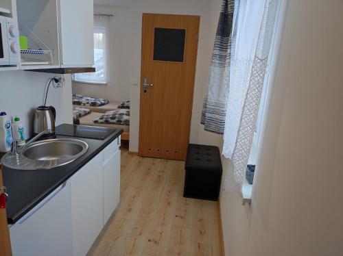 a kitchen with a sink and a wooden floor at Górski Kryształ in Stronie Śląskie